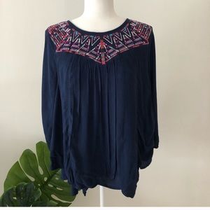 Navy Blue Embroidered Peasant Tunic Blouse M